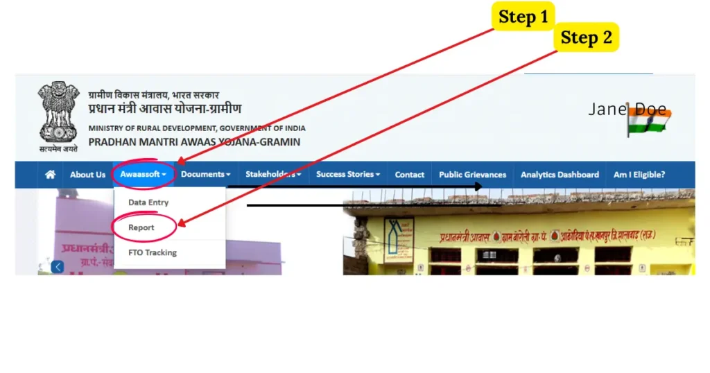 PM Awas Yojana Gramin Awassoft menu dropdown showing Report option selection highlighted with Step 1 and Step 2 arrows for beneficiary list check tutorial