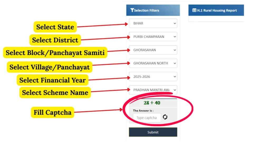 Final Step: Fill Selection Filters & Submit - Select your State , District , Block/Panchayat Samiti , Village/Panchayat , Financial Year (2025-2026), and Scheme Name (Pradhan Mantri Awas Yojana-Gramin). Fill the captcha code (example: 28 + 40 = 68) and click Submit button to view your complete village-wise PMAY-G beneficiary list with all details.